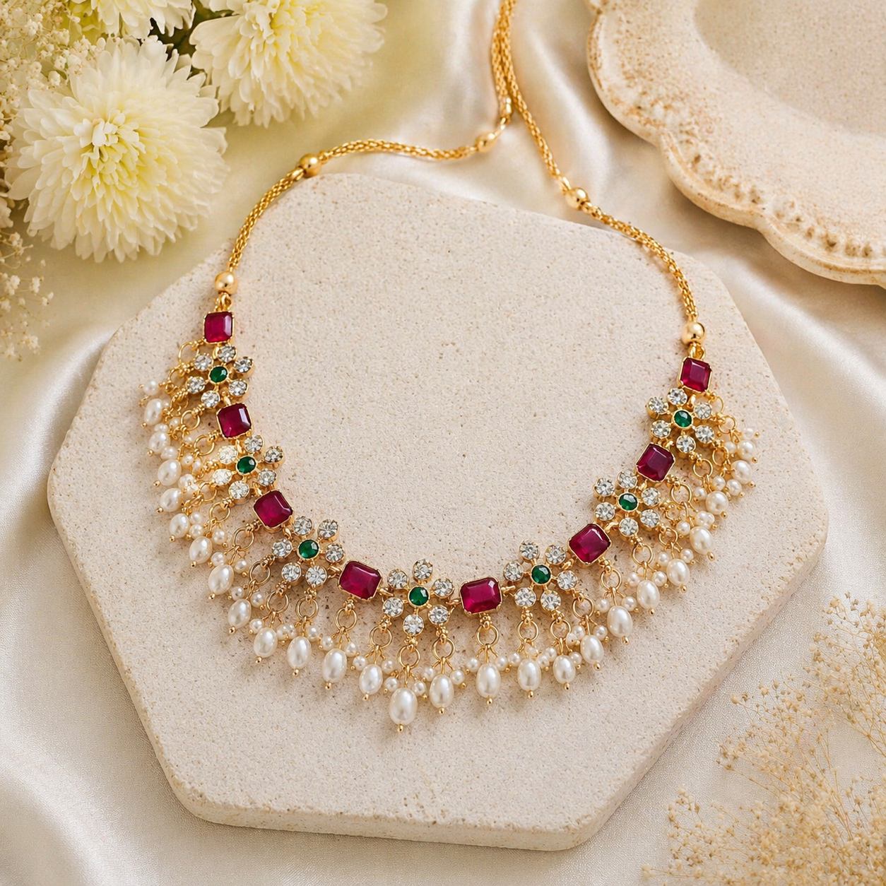 Luxurious gold necklace with floral detail