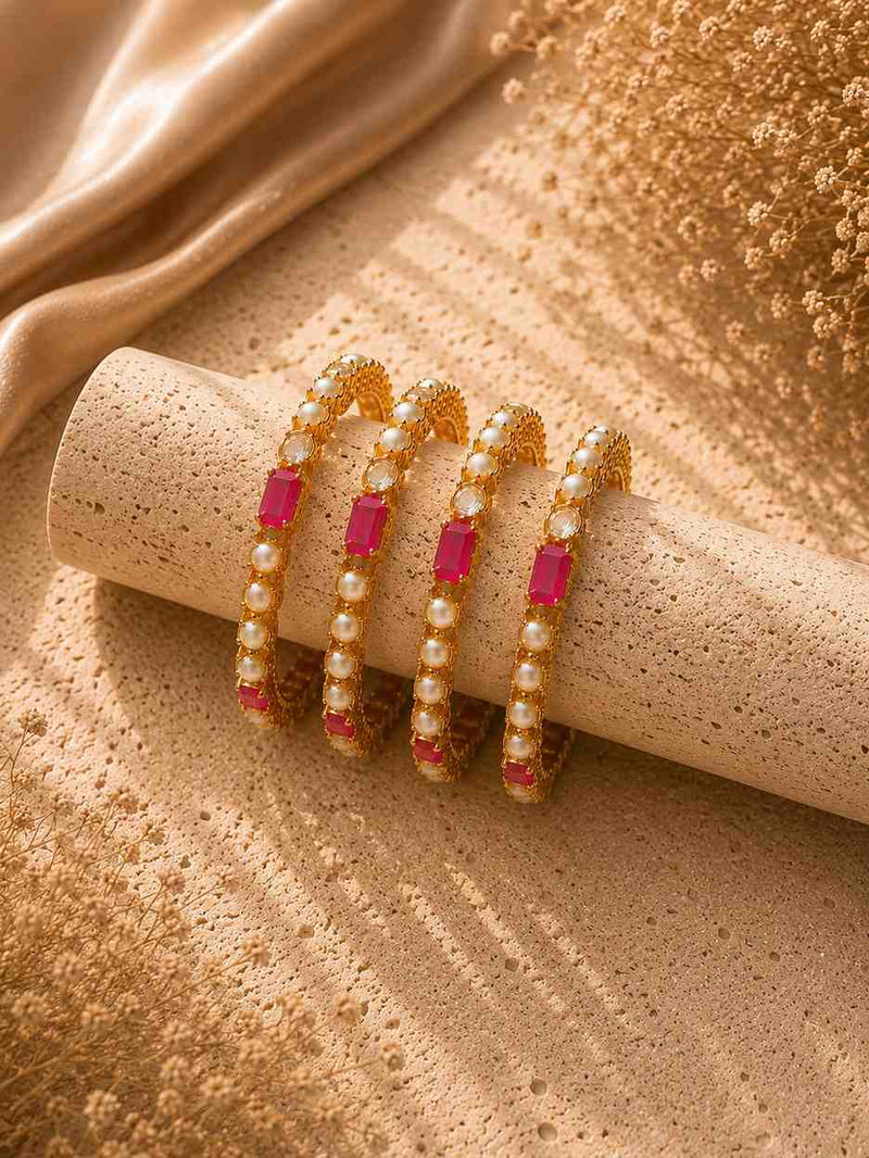 Pearl & Ruby Pink Gold Bangles Set