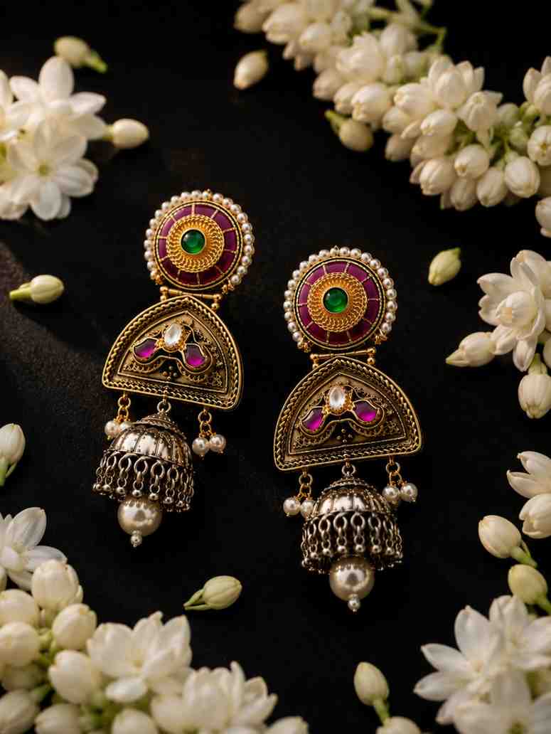 Noorika bridal jhumka earrings with meenakari detailing and pearl accents