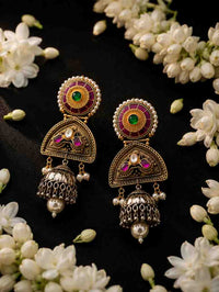 Noorika bridal jhumka earrings with meenakari detailing and pearl accents