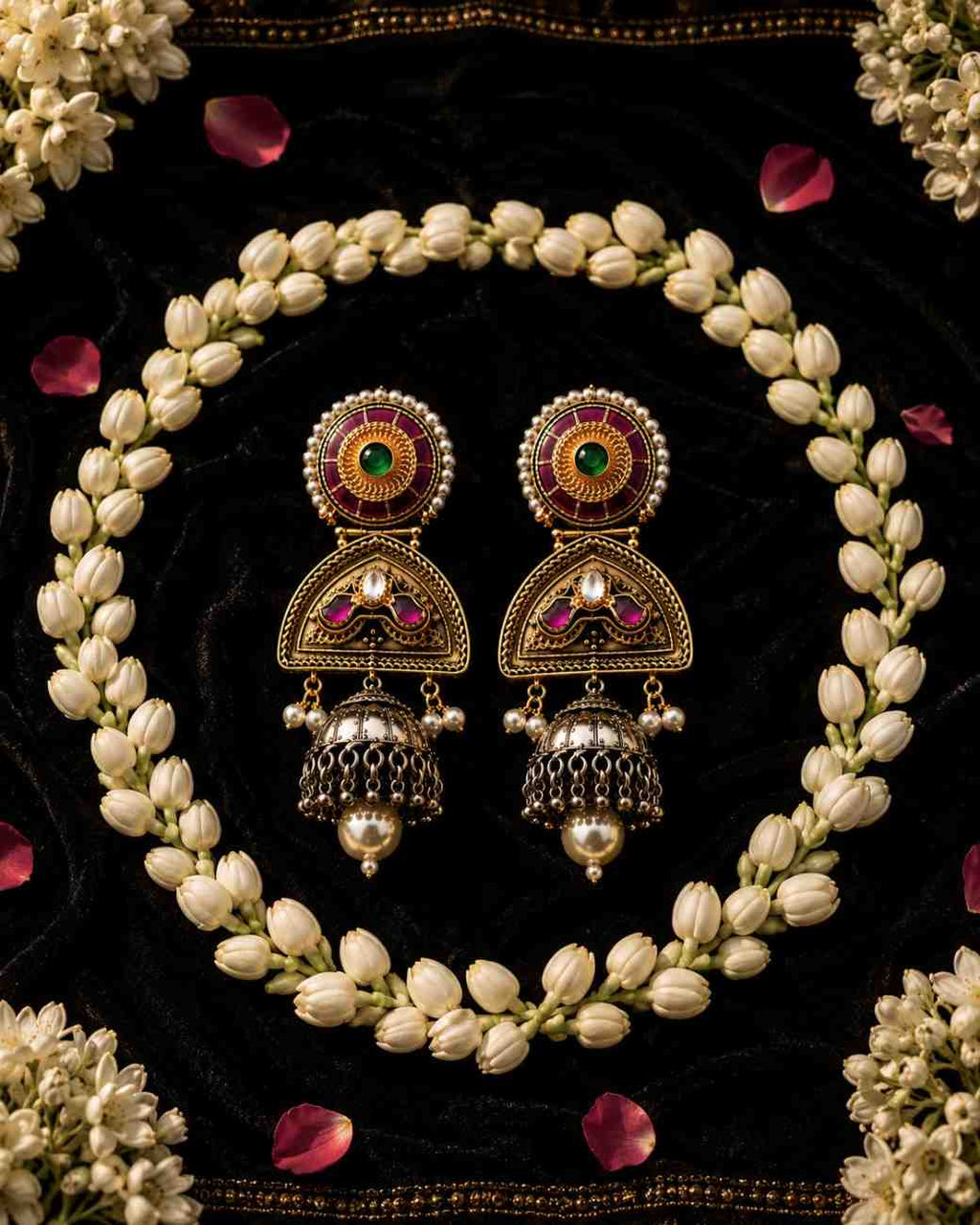 Close-up of Noorika meenakari jhumka earrings showcasing intricate craftsmanship