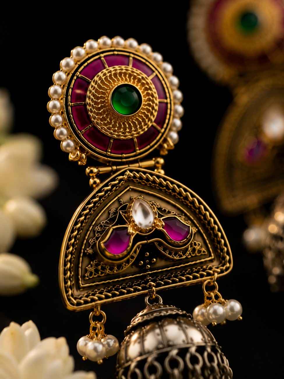 Noorika bridal jhumka earrings displayed on antique tray with jasmine flowers