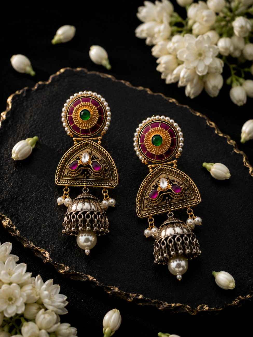 Noorika traditional Indian jhumka earrings arranged with jasmine garland on black velvet