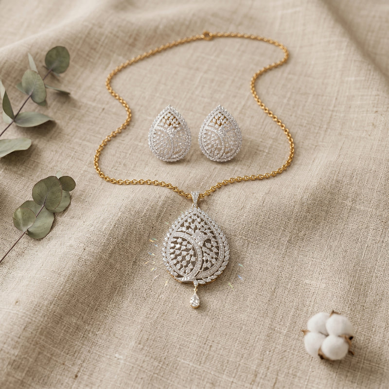 Elegant Teardrop Pendant Necklace Set with Matching Earrings